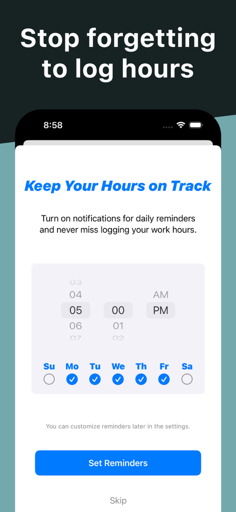 Work Hours Tracker: WorkClock - WorkClockアプリの画面。勤務時間記録のための毎日リマインダー設定（時刻と曜日選択）。
