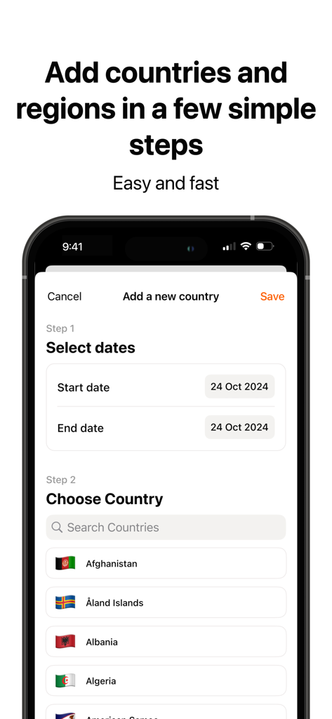 Country Tracker Pro - Tela de entrada manual para adicionar uma nova visita a um país e selecionar datas de viagem no Country Tracker Pro