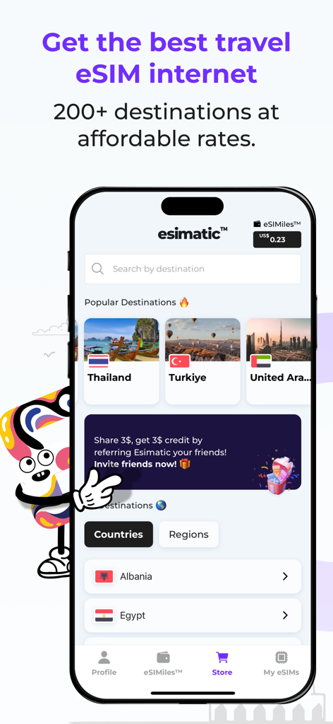 Esimatic eSIM: Mobile Data 5G - Esimaticモバイルアプリのインターフェース。人気の旅行先とグローバルeSIMデータプランを表示