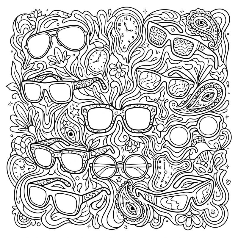Explore a mind-bending collection of men's eyewear styles presented in a truly psychedelic fashion. This intricate coloring page invites you to an artistic journey through swirling shapes and captivating designs.