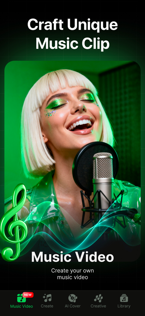 金髪で緑色のメイクをした女性が、AIを使ってミュージックビデオを作成するためにスタジオマイクに歌いかけている様子