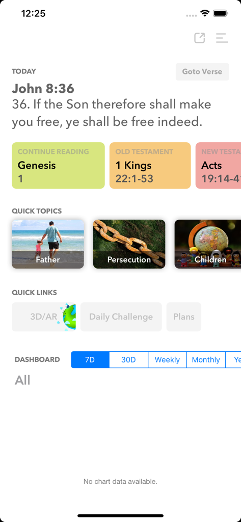 The home screen of the Bible ProStudy app featuring the daily verse reading progress cards and quick study topics