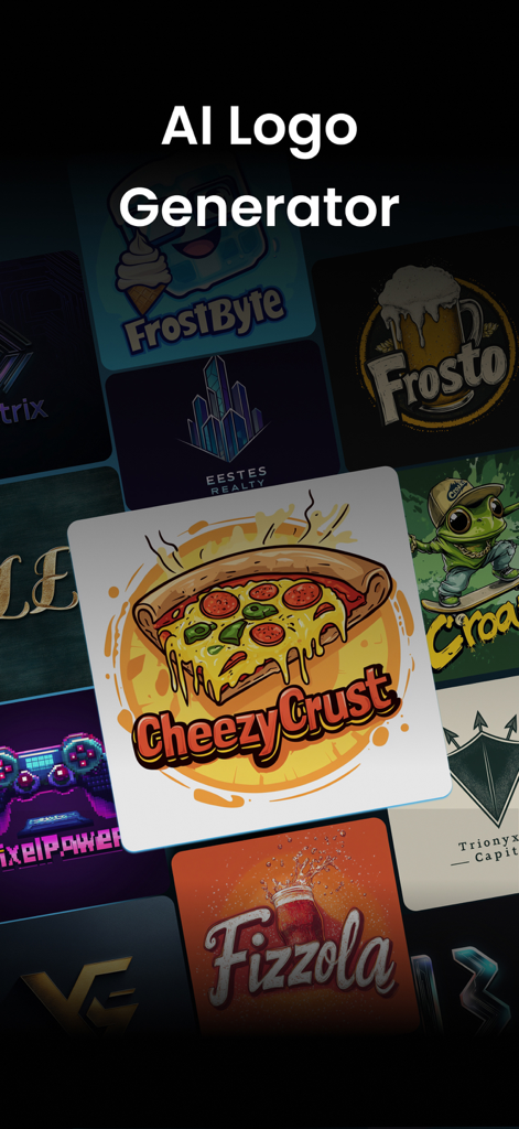 AI Logo Generator ⋅ Logo Maker - Una colección de diversos diseños de logos generados por IA para varias empresas, incluyendo marcas de comida, gaming y corporativas