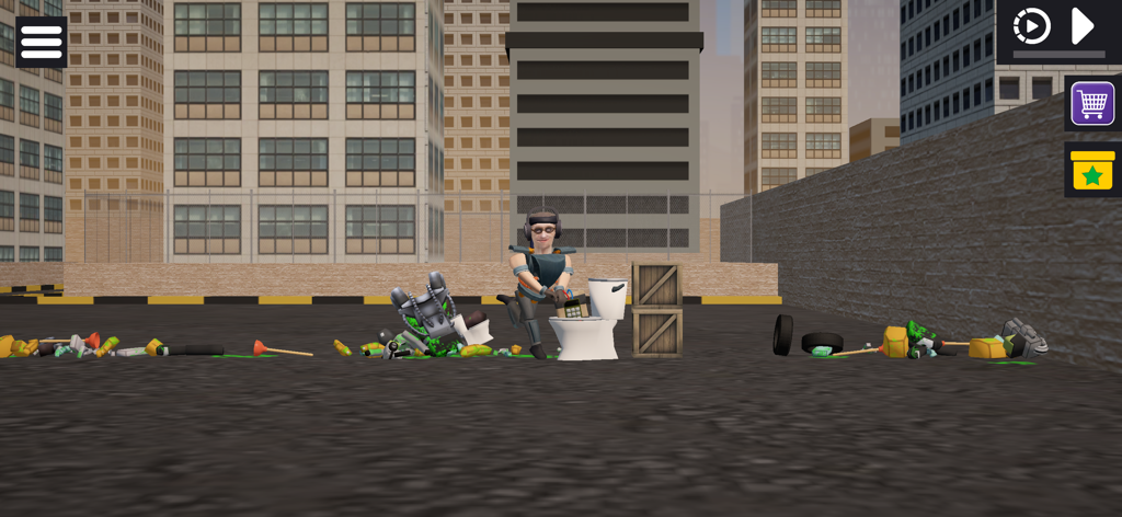 A 3D character in an urban sandbox environment with scattered objects like a toilet and crates