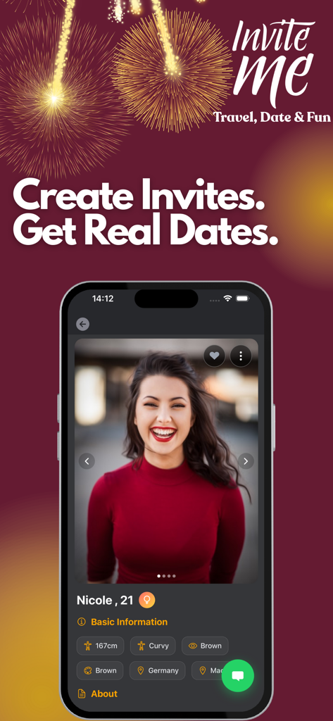 Pantalla de un smartphone que muestra un perfil de compañero de viaje en la aplicación Invite Me con el texto Crea Invitaciones Obtén Citas Reales.