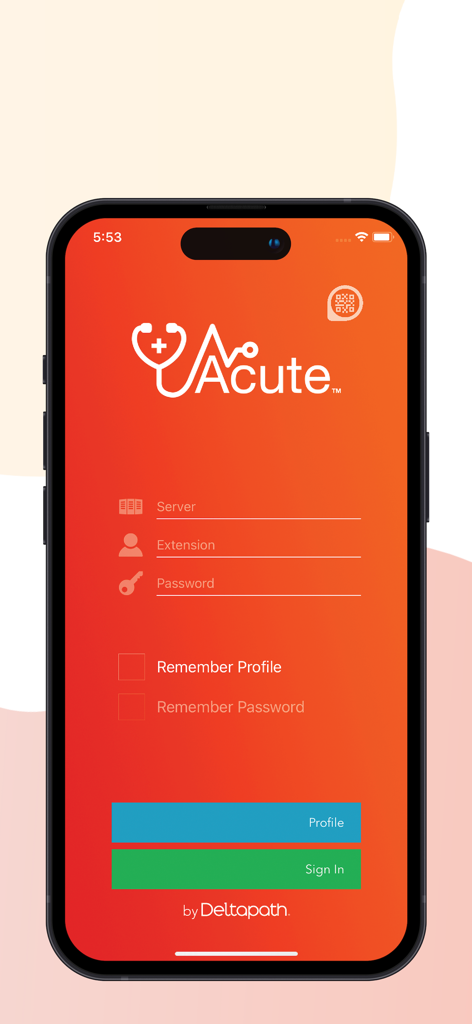 Deltapath Acute - Deltapath Acute Login-Bildschirm zeigt Server-Erweiterung und Passwortfelder an