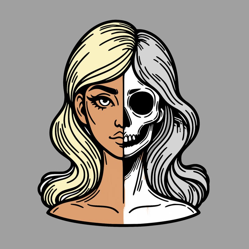 bust of a woman, half face and hair, half skull