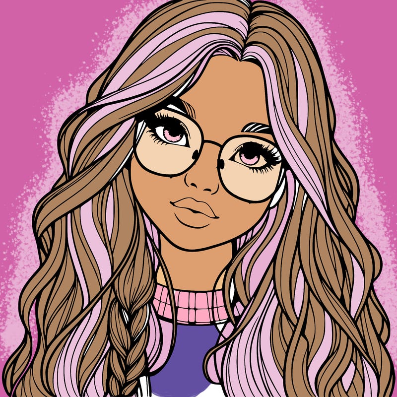 girl with long hair and freckles and glasses realistic