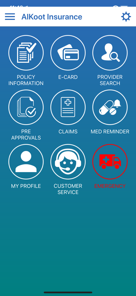 Main dashboard of the Alkoot Global Care app featuring insurance services like policy info e-card and emergency contact