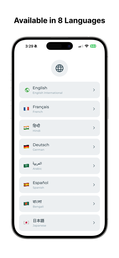 CalFix – AI Calorie Tracker - CalFix app interface displaying eight different language options for users
