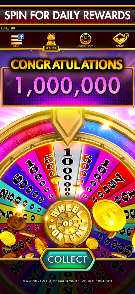 Slots DoubleDown Fort Knox - Un premio de un millón de créditos en la rueda de recompensas diaria de Wheel of Fortune.