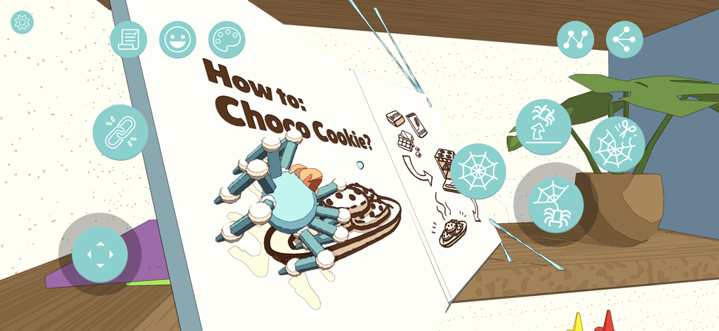 Silky, il ragno blu e soffice, esplora un libro di ricette per biscotti al cioccolato in una stanza accogliente