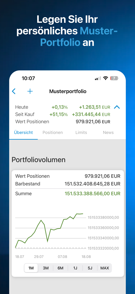 Finanzen100 - Börse & Aktien - A smartphone interface from the Finanzen100 app showing a model portfolio overview with a performance chart and asset values.