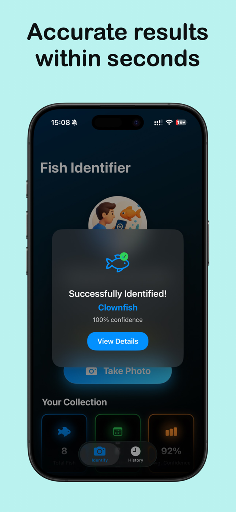 Fish AI - Species Identifier - A smartphone screen displaying the Fish AI app showing a successful identification of a clownfish with 100 percent confidence