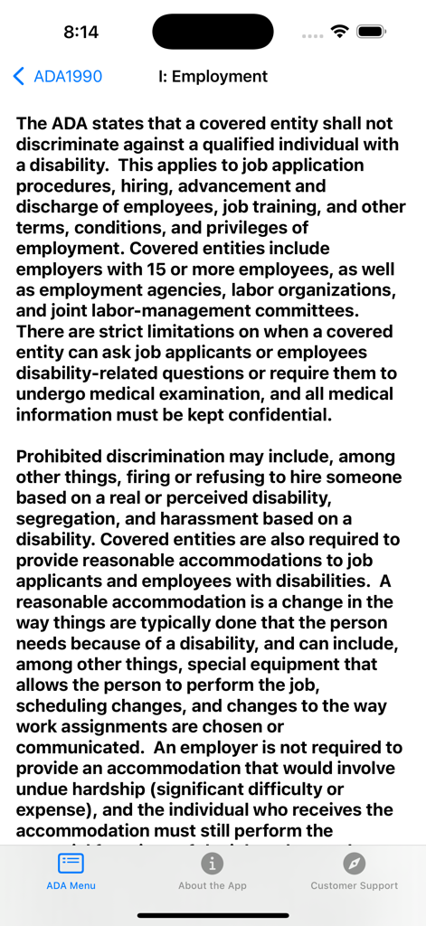 Americans w/ Disabilities Act - Screenshot dell'app Americans with Disabilities Act che mostra informazioni sulla discriminazione sul lavoro e sugli alloggi ragionevoli.