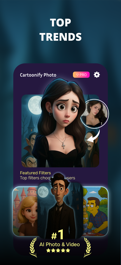 Captura de pantalla de la aplicación Cartoonify Picture que muestra múltiples filtros de dibujos animados de IA y una transformación de avatar de estilo gótico a partir de una foto.