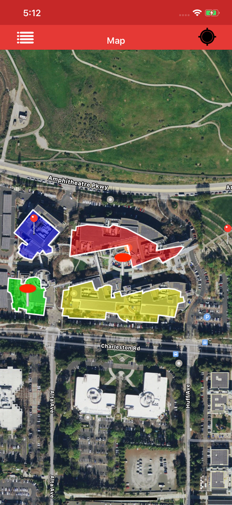 Kml Viewer-Kml Converter app - Vista satellitare della mappa con poligoni KML colorati e marcatori che delineano il perimetro degli edifici