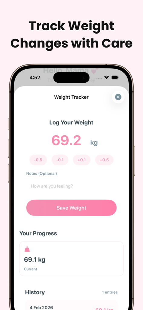 Pantalla de smartphone que muestra la interfaz del rastreador de peso de la aplicación BabyKicks para mujeres embarazadas