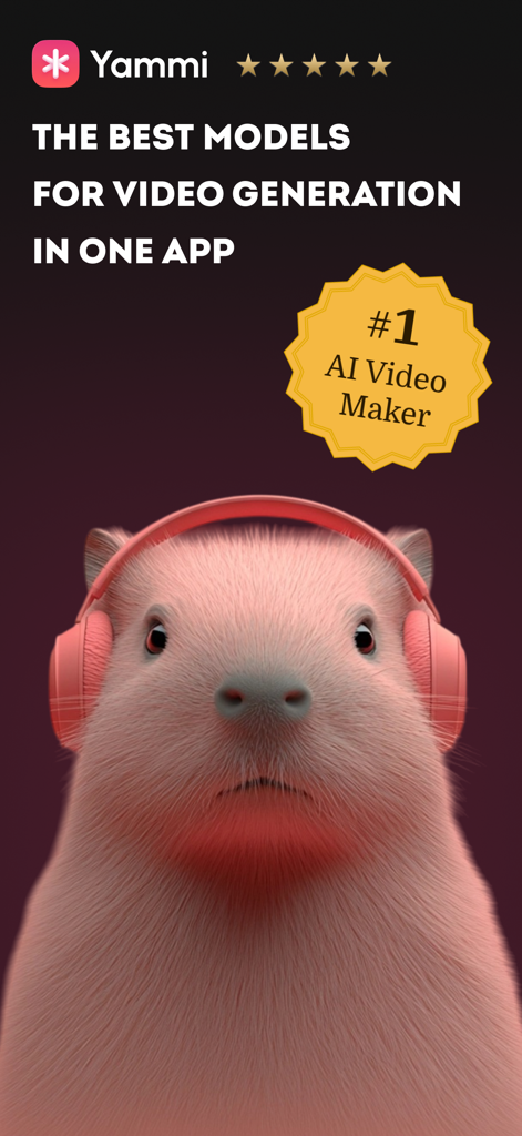 Yammi AI Video Maker App-Anzeige mit einem pinken pelzigen Tier mit Kopfhörern und einem KI-Video-Maker-Badge