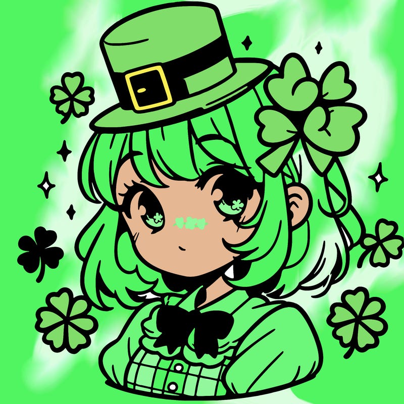 a manga-style girl with clovers around her, a little hat in her hair, like it's saint patrick's day