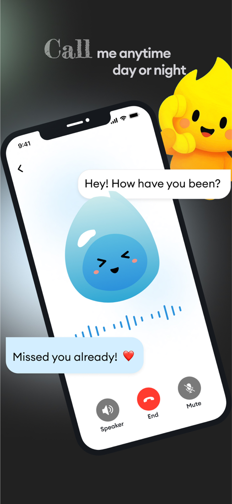 Livia: Emotional Best Friends - A voice call screen from the Livia app featuring a cute blue character and emotional support text.