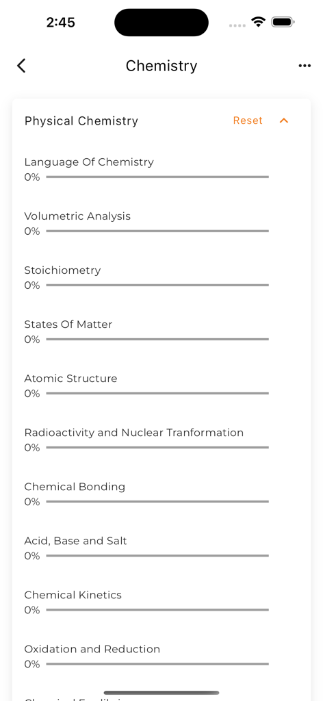 Online Vibrant - The chemistry section of the Online Vibrant app displaying physical chemistry topics for medical entrance exams.