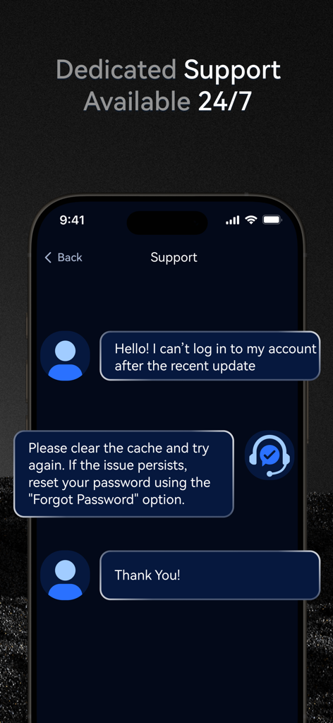 Interfaccia dell'app Margex che mostra la chat di supporto clienti 24/7.