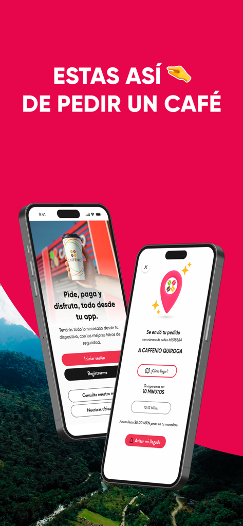 Dois iPhones exibindo a interface do aplicativo CAFFENIO para pedir café e rastrear o status do pedido.