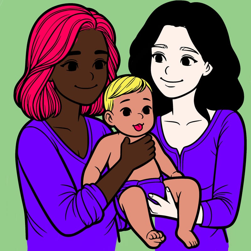 two realistic women holding one baby together
