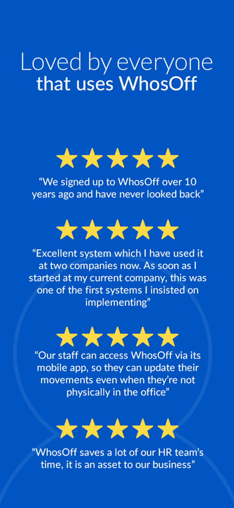 WhosOff. - Positive user reviews and five-star ratings for the WhosOff staff leave management app