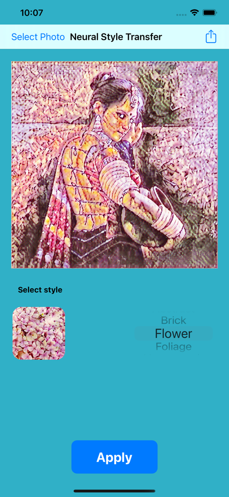 Neural Style Transfer - Neural Style Transfer app showing a photo being edited with a flower art style