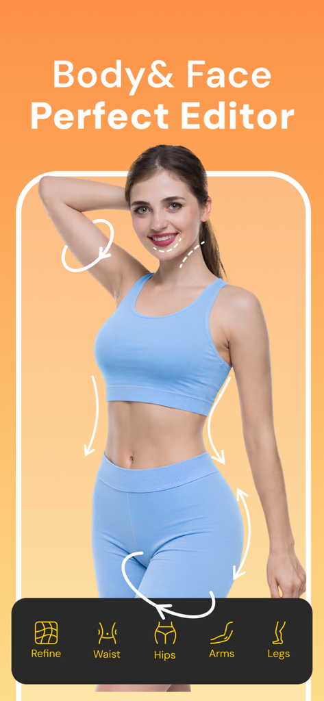 Body Face Tune: Photo - Body Face Tune app interface showing body and face editing tools for waist and hips