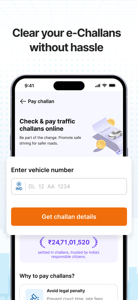 CARS24 app interface for checking and paying traffic challans by entering a vehicle number