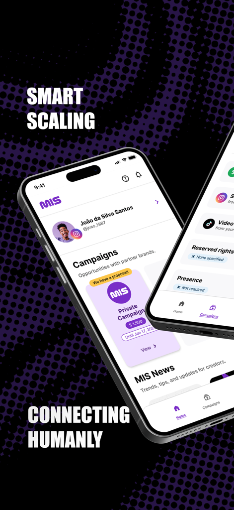 Dois smartphones exibindo o aplicativo de marketing de influência MIS mostrando um perfil de usuário e uma oferta de campanha privada por quinze centenas de dólares