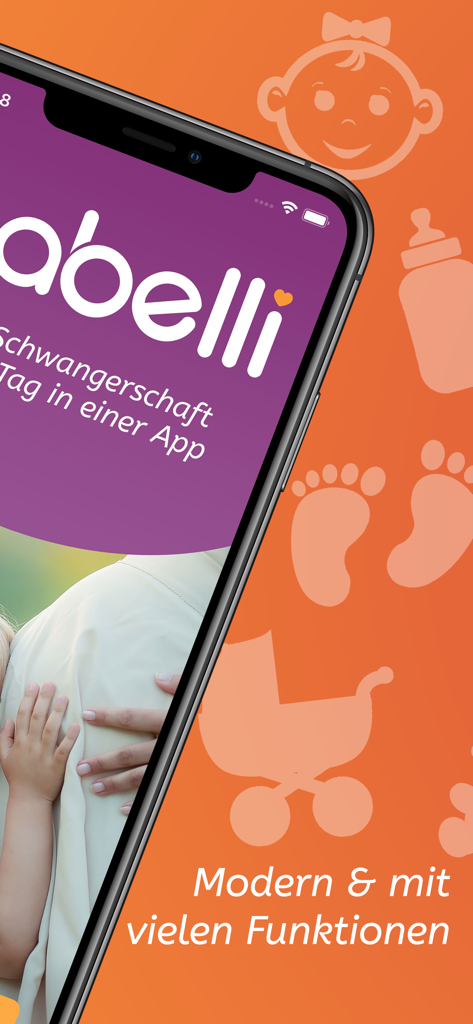 Babelli Schwangerschafts App - Babelli妊娠アプリのインターフェース。オレンジ色の背景に妊娠中の女性と赤ちゃんのアイコンが表示されています。