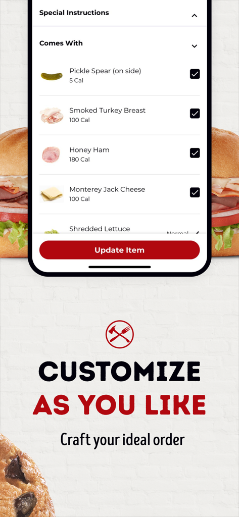 Firehouse Subs Mobile App-Oberfläche zeigt Optionen zur Anpassung von Sandwiches und Nährwertangaben