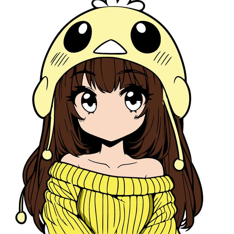 anime girl with chick shaped hat with sweater with bare shoulders with bangs covering them one eye with low tail
