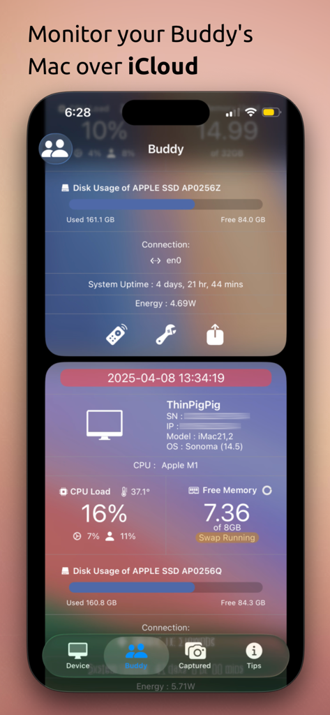myAddress - Monitoring Tools - Interfaz de la aplicación móvil que muestra la monitorización remota del sistema Mac a través de la función Buddy, incluyendo estadísticas de uso de CPU y disco.