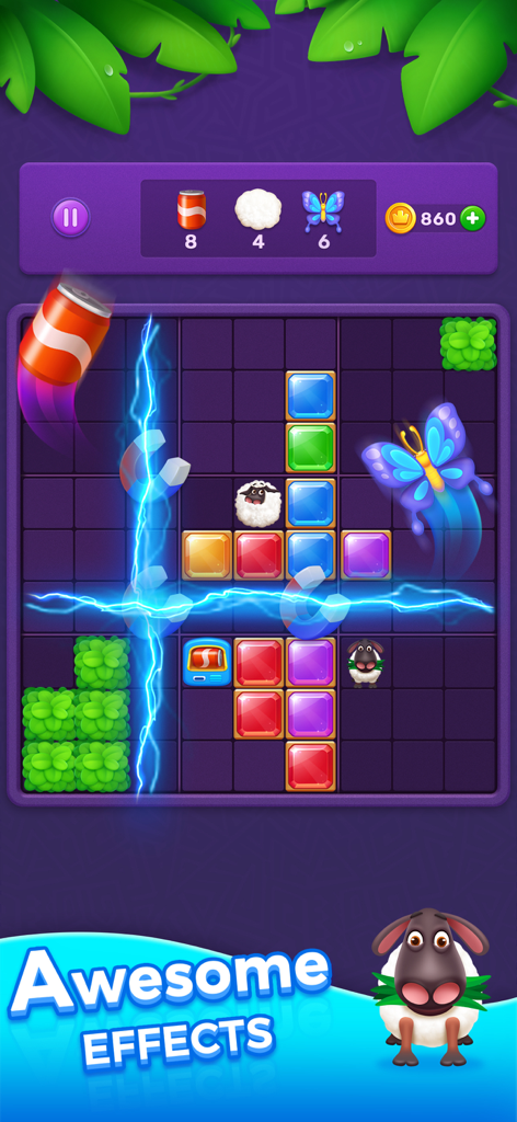 Captura de pantalla del juego Block Puzzle Jewel Blast mostrando coloridos bloques de gemas y vibrantes efectos de relámpagos.