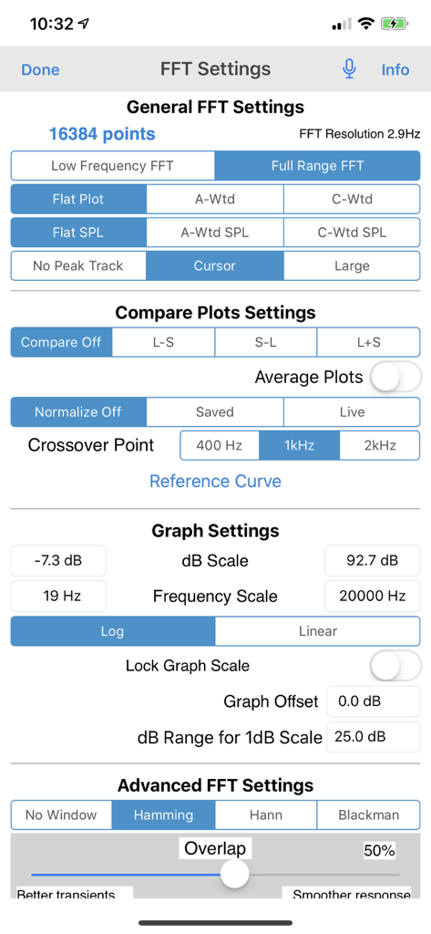 Pantalla de configuración de la aplicación FFT para análisis de audio profesional y medición de frecuencia