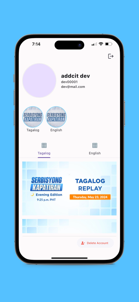 MCGI TV app user profile screen displaying account details and language options for Tagalog and English religious content