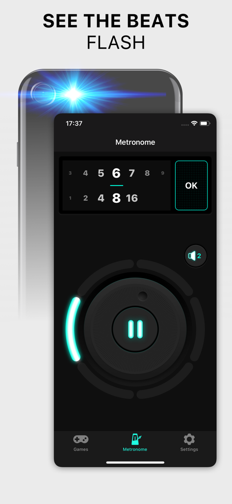 Smartphone screen displaying the Metronome Pro app interface with the camera flash activated as a visual beat cue