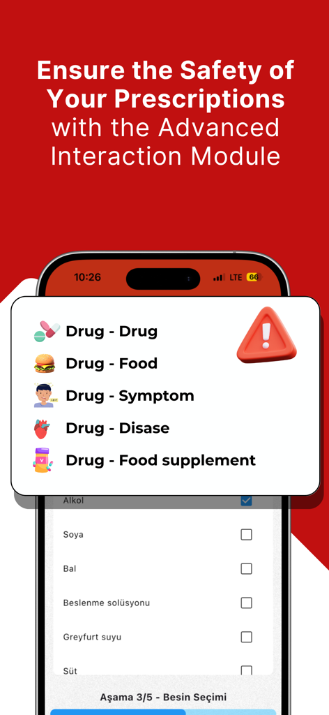 Vademecum Mobile: Guide - Advanced drug interaction module showing safety checks for medications food and symptoms