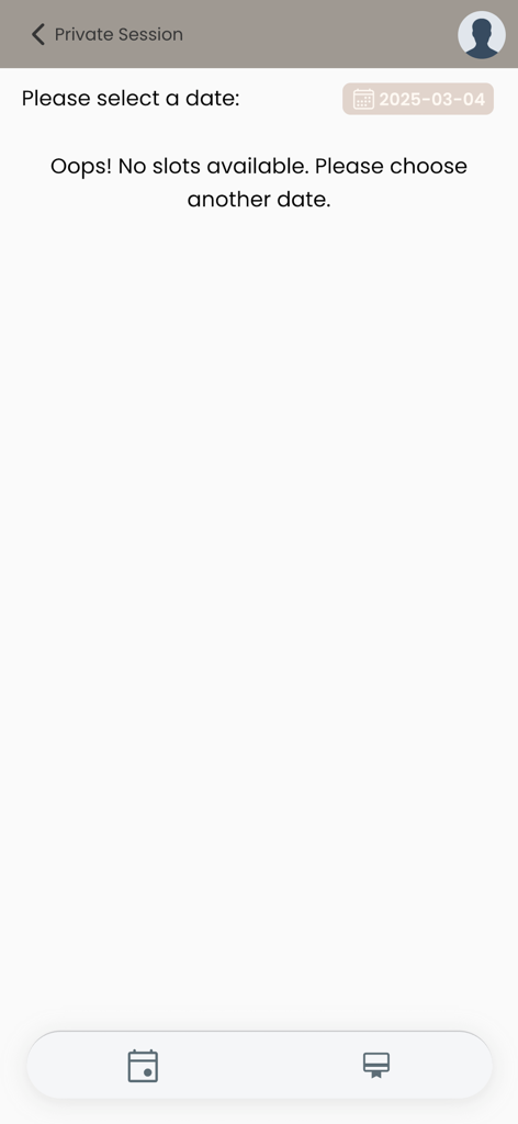Flow Form - Pantalla de reserva en la aplicación Flow Form mostrando un mensaje de sin plazas disponibles para una sesión privada