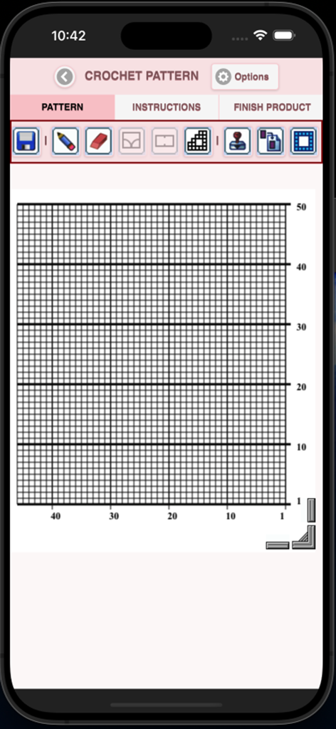 Filet Crochet Pattern Creator - Mobile app interface showing a blank grid and design tools for creating filet crochet patterns