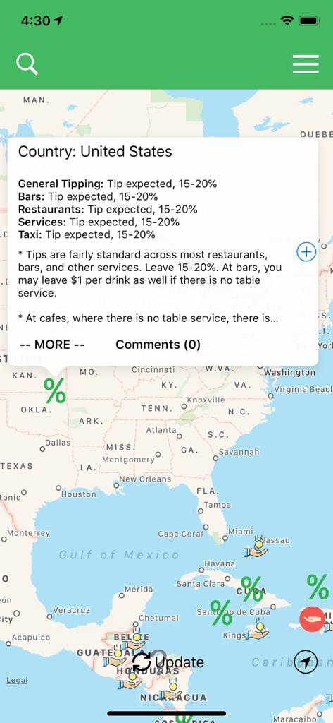 TipFox - TipFox mobile app interface displaying tipping customs and percentages for the United States on a map view