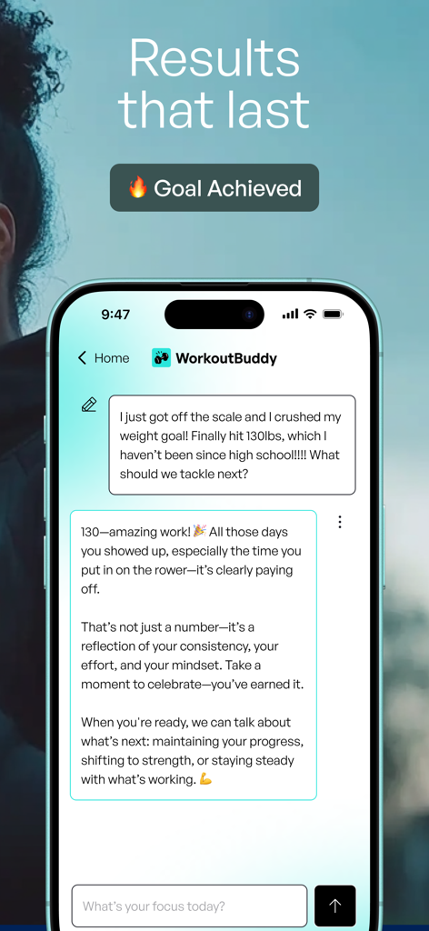 WorkoutBuddy: AI Fitness Coach - A chat interface from the WorkoutBuddy app where an AI coach congratulates a user for hitting their weight goal