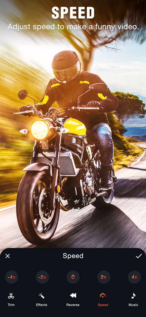 Interface do aplicativo móvel VidReverse para ajustar a velocidade de reprodução do vídeo com um fundo de clipe de motocicleta.