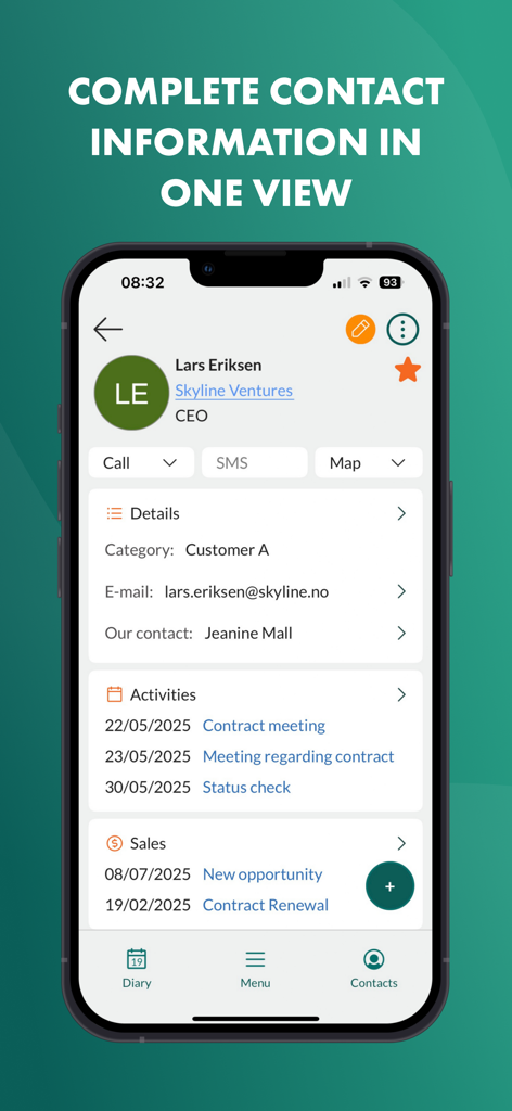 SuperOffice Mobile CRM app showing a comprehensive contact profile with activities and sales data
