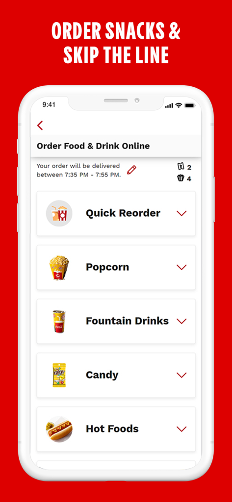 Cinemark Theatres - Interfaz de la aplicación móvil Cinemark para pedir snacks de cine que incluyen palomitas, bebidas y dulces en línea para saltarse la fila